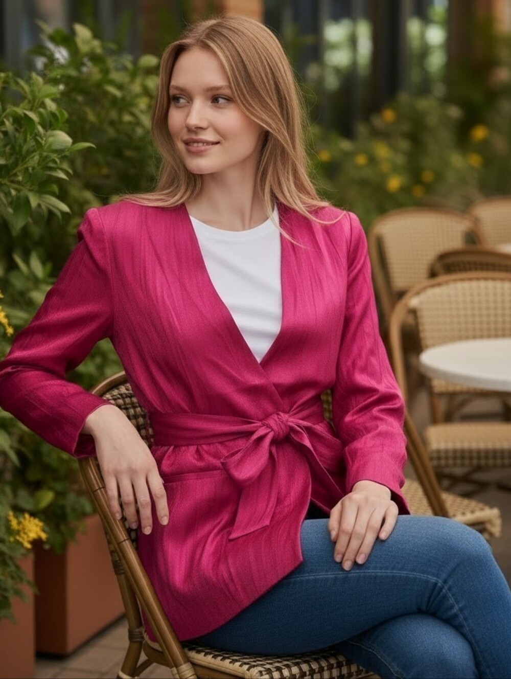 Zara Pinkish-Red/Magenta Undertone Satin Tie-Waist Blazer